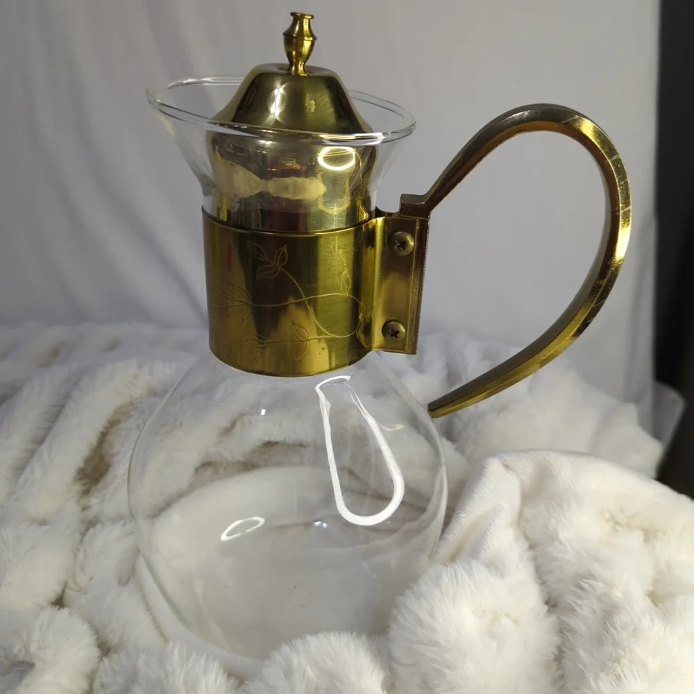 Vintage Brass & Glass Water Wine Pitcher Carafe With Ornate Handle Etched Floral